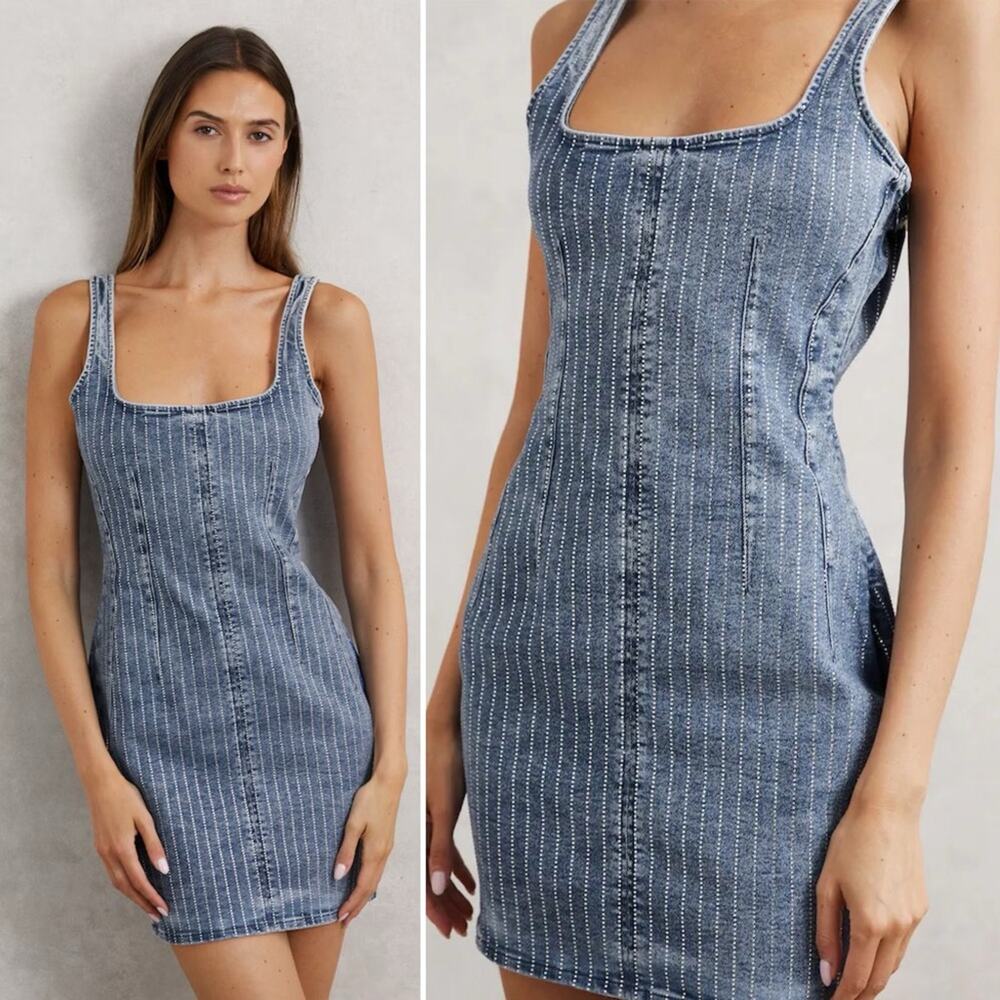 Good American Rhinestone Denim Mini Dress Indigo Blue Bodycon Size Small